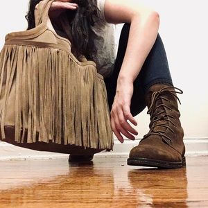 Club Monaco | Lulu Fringe Bag in Tan Suede